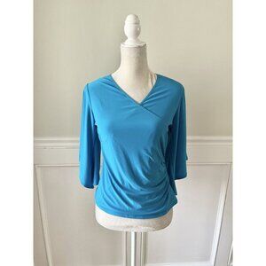 Coco Bianco Flutter Sleeve Blue Surplice Top With Ruched Detail 3/4 Sleeves Smal